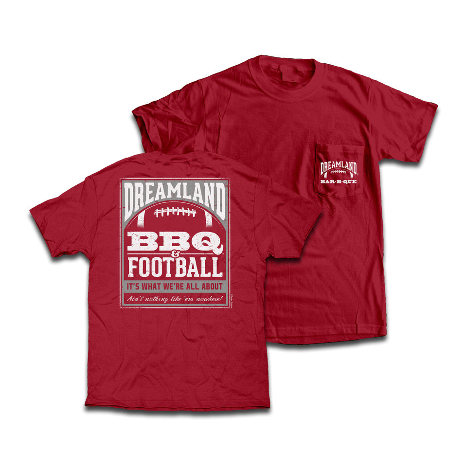 Dreamland BBQ & Football Tee Shirt. Color: Crimson. $29.99