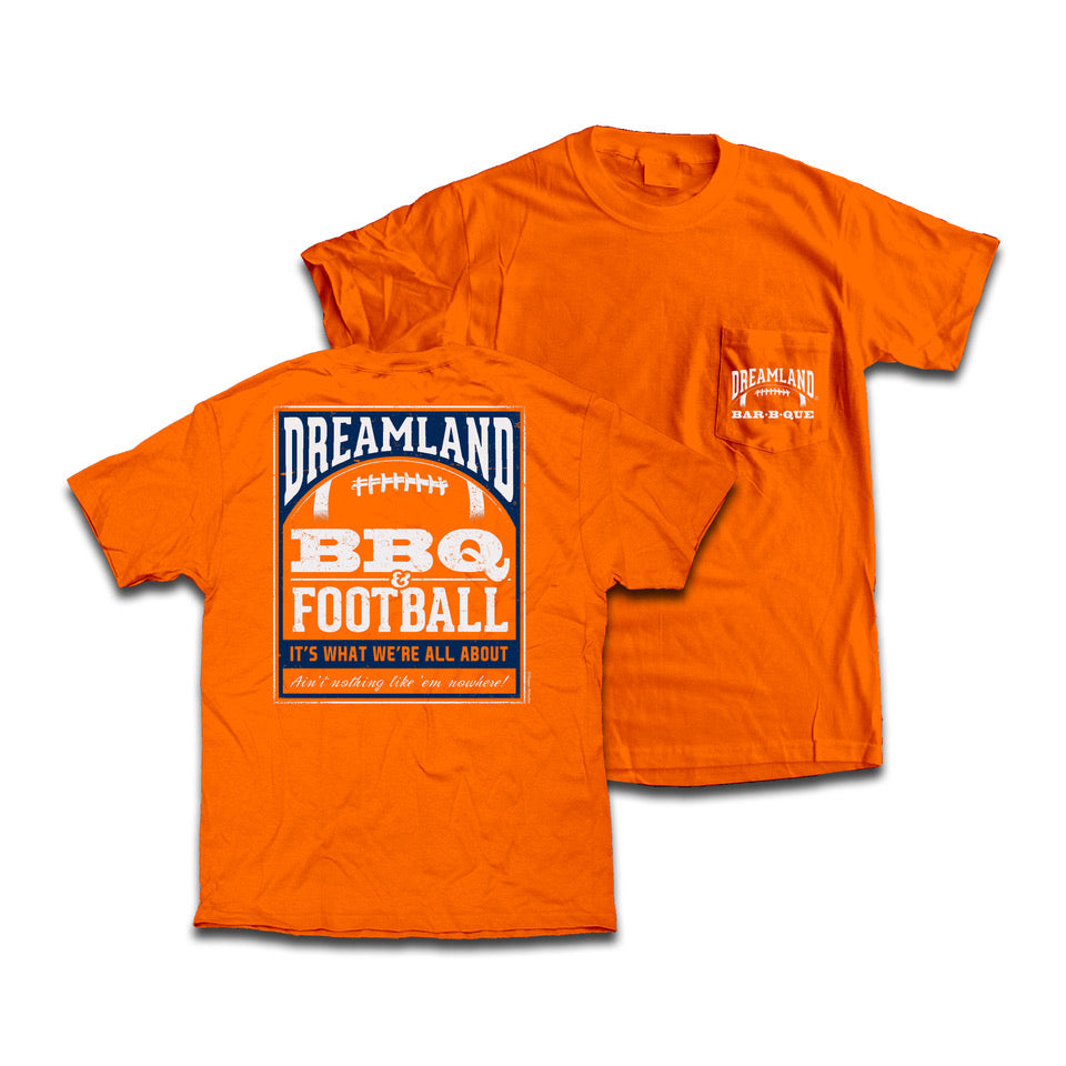 Dreamland BBQ & Football Tee Shirt. Color: Orange. $24.99